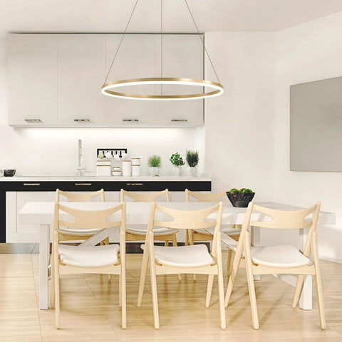 Cool Gold Ring LED Chandelier Pendant Light Minimalist Halo Ring Fixture Dimmable Hanging Light in modern dining room setup