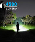 Rechargeable Waterproof Spotlight Up To 4500 Lumens Handheld Beast Mode Searchlight illuminating a path at night