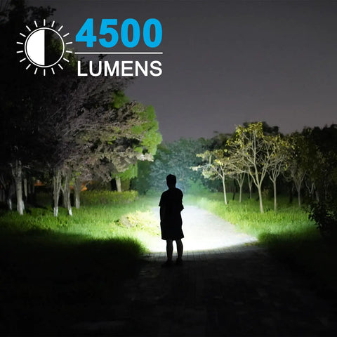 Rechargeable Waterproof Spotlight Up To 4500 Lumens Handheld Beast Mode Searchlight illuminating a path at night