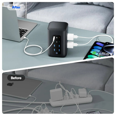 Sick Desk Organization Hack That Slaps With 230W Fast Charging Tower Featuring Eight Smart USB Ports For Laptops Phones And Tablets Vertical Power Strip, showing organized charging setup.