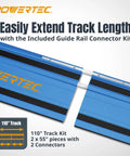 Shop Favorite Track Saw Guide Rail Extender Kit Featuring Two 55 Inch Aluminum Tracks With Rock Solid Couplers And Rugged Canvas Sling For Straight Shots And Clean Cuts On Any Project, showing two blue aluminum tracks with connectors.