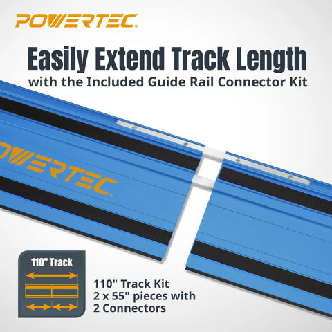 Shop Favorite Track Saw Guide Rail Extender Kit Featuring Two 55 Inch Aluminum Tracks With Rock Solid Couplers And Rugged Canvas Sling For Straight Shots And Clean Cuts On Any Project, showing two blue aluminum tracks with connectors.