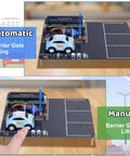 DIY Smart Parking System Soldering Kit For Teens And Students Learn Circuits And Logic Control By Building A Mini Car Parking Lot Simulation Model For Hands On Learning And Real World Practice In Tech Education showing automatic and manual barrier gate lifting with mini car