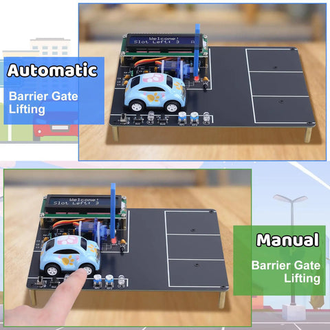 DIY Smart Parking System Soldering Kit For Teens And Students Learn Circuits And Logic Control By Building A Mini Car Parking Lot Simulation Model For Hands On Learning And Real World Practice In Tech Education showing automatic and manual barrier gate lifting with mini car
