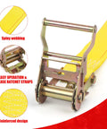 Close-up of 15-foot ratchet strap with metal E-track fitting, showing reinforced yellow webbing and easy-release mechanism.