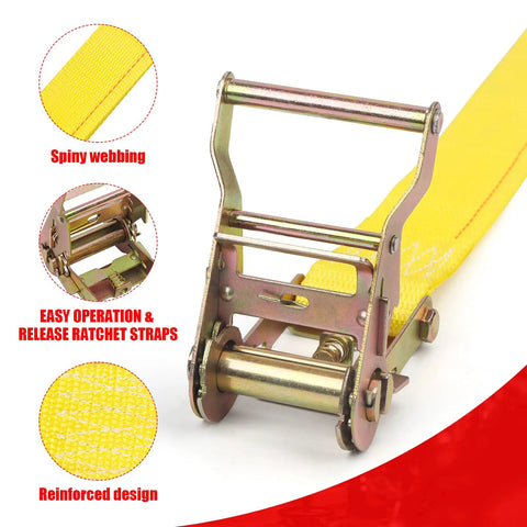 Close-up of 15-foot ratchet strap with metal E-track fitting, showing reinforced yellow webbing and easy-release mechanism.