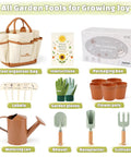 Kids Gardening Tool Set For Ages 3 To 6 With Tote Bag Gloves Shovel Rake Cultivator Watering Can And Flower Pots displayed in packaging.