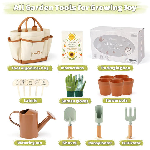 Kids Gardening Tool Set For Ages 3 To 6 With Tote Bag Gloves Shovel Rake Cultivator Watering Can And Flower Pots displayed in packaging.