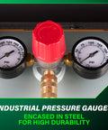 Close-up of industrial pressure gauges on 10 Gallon Air Tank with ASME Certification, angled view showing 5 quick connects