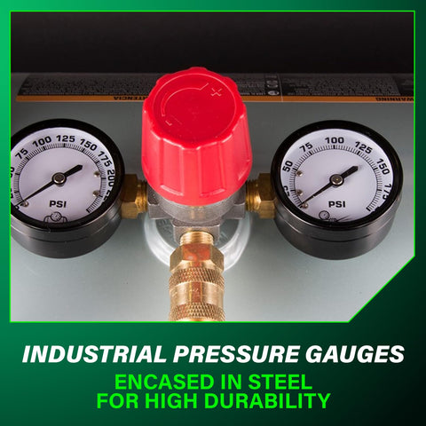 Close-up of industrial pressure gauges on 10 Gallon Air Tank with ASME Certification, angled view showing 5 quick connects