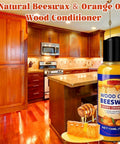 Top Shelf Two Piece Beeswax And Orange Oil Wood Conditioner Kit on kitchen countertop with wooden cabinets.