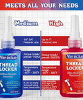 Blue red thread locker set with medium and high strength bottles.