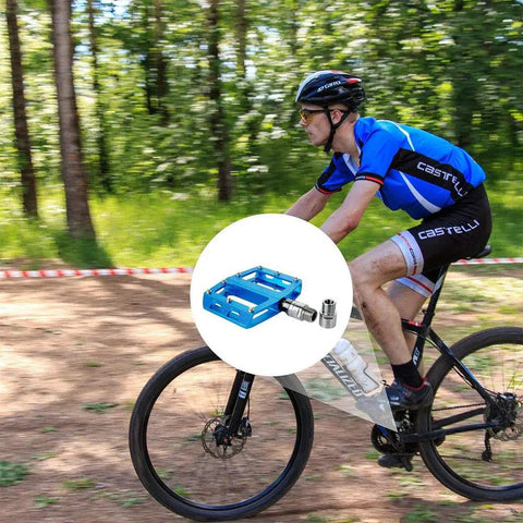 Cyclist on mountain bike with Bike Pedal Extenders 20mm Spacers For 9 16 Inch Threaded Pedals Fit MTB BMX Road SPD visible