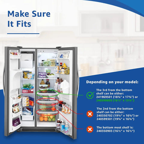Refrigerator illustration showing shelf dimensions for Easy Fit Crisper Pan Cover For Fridge Frigidaire 16.5 X 15.625 In replacement part.