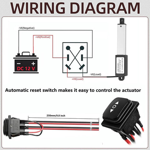 Wiring diagram for Mini 12V Linear Actuator With 2 Inch Stroke, 180N Waterproof Micro Electric Actuator and instant switch