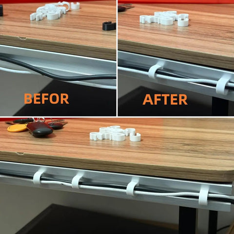 Premium Aluminum T Slot Cable Management Clips For 3030 Aluminum Profiles shown in before and after cable organization.