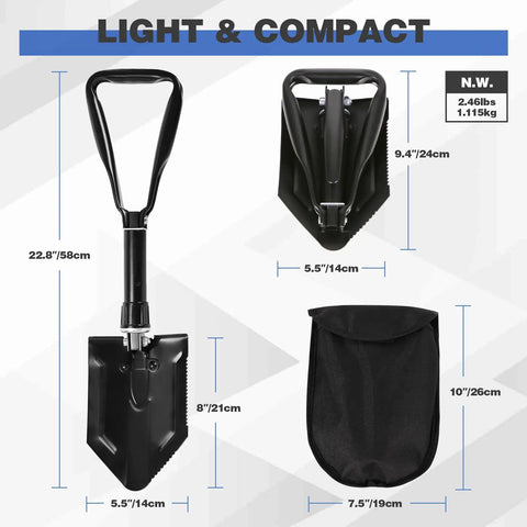 Beast Survival Folding Camp Shovel With Pickaxe Tri Fold Tactical Entrenching Tool dimensions and carry bag displayed