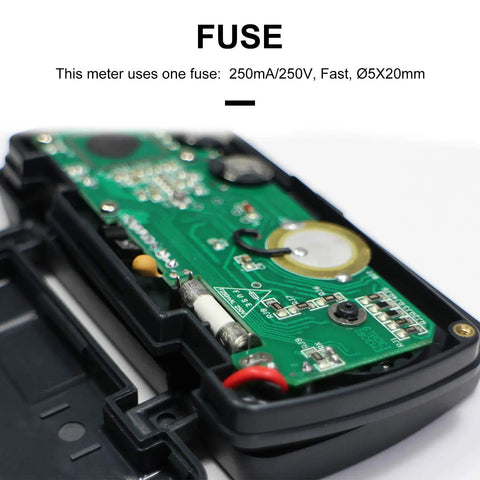 Interior view of Pocket Size Digital Multimeter DMM Multi Tester showing circuit board and fuse details