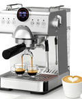 Top Shelf Espresso Machine With Hot And Cold Brew Coffee Maker And Milk Frother For Knockout Cafe Drinks Home 50 Oz Tank LCD screen brewing espresso.