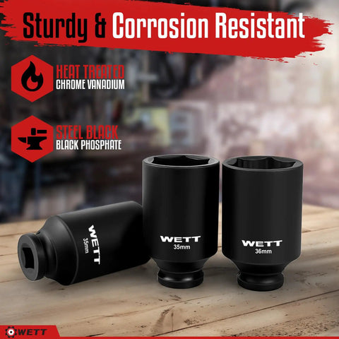 Half Inch Drive Deep Impact Socket Set, 9 Piece Metric 29mm to 38mm 6 Point Axle Nut Sockets, heavy-duty CRV steel sockets on wooden table