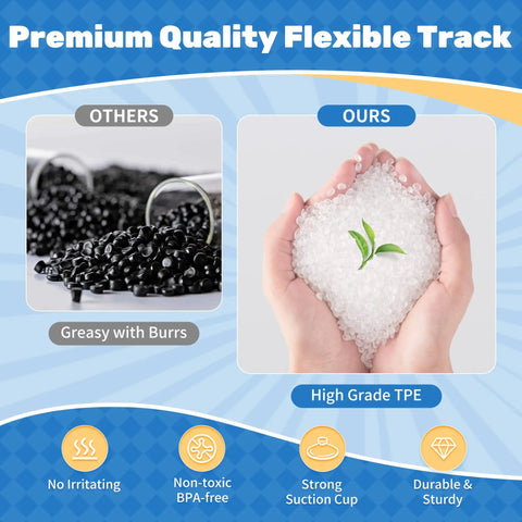 Comparison of materials for 16 Ft Flexible Roll Up Race Car Track Set With Suction Cups, high-grade TPE shown in hands.
