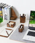 Walnut Wood Sticky Note Holder And Tape Dispenser, Rhombic Pen Holder Desk Organizer Set on office desk next to laptop