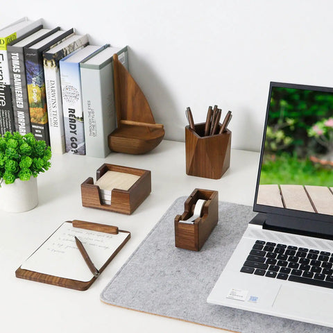 Walnut Wood Sticky Note Holder And Tape Dispenser, Rhombic Pen Holder Desk Organizer Set on office desk next to laptop