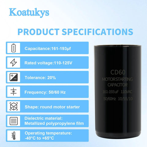 161-193 uF Round Motor Start Capacitor 110-125 VAC Dual Voltage 50/60 Hz CD60 with specifications for Hayward Pumps