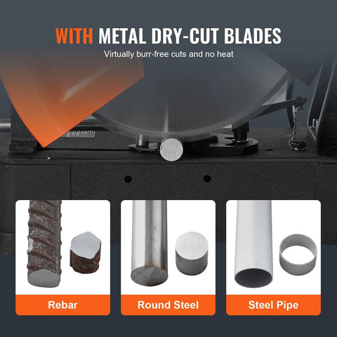 Chop Saw 14 Inch Dry Cut With Cold Cut Technology 2800W 1200RPM Steel Cutting Machine 0 To 45 Degree Bevel Miter Saw For Steel Iron Aluminum displayed with metal dry-cut blades cutting rebar, round steel, and steel pipe.