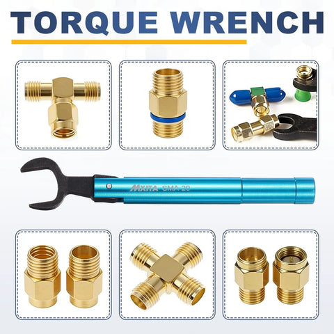 Pro Grade RF Connector Torque Wrench With 20mm Opening, Thirteen Sixteenth Inch, Adjustable 0.9 To 13.5 Inch Pounds (0.1 To 1.5 Nm), Alloy Steel And Aluminum Body, Portable Pro Wrench For Industry Pros, Blue, shown with SMA connectors