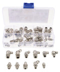 Top 45 Piece Grease Fitting Assortment Kit With M6 M8 M10 Zerk Nipples Featuring Angled And Straight Heads For Easy Access On Tough Car Repairs And Heavy Machinery Tune Ups., silver zerk fittings in case, M6 M8 M10, angled and straight