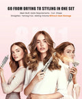 Three women using Eight In One Hot Air Styler And Hair Dryer Brush For Quick Drying Curling Straightening And Volumizing