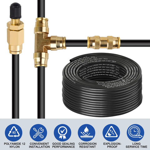 Three Eighths Inch DOT Air Line Hose Fifty Feet Black SAE J844 PA12 Nylon Air Brake Tubing With Cutter and Brass Fittings