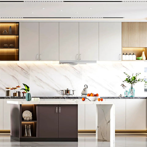 Modern kitchen with white cabinets featuring Heavy Duty Brushed Satin Nickel Cabinet Pulls Set, 10 Pack, 3 Inch solid zinc alloy handles.