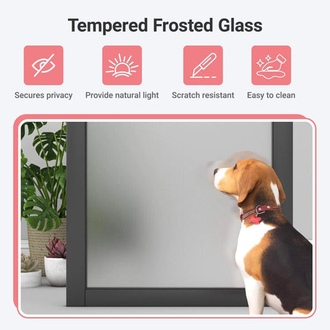 Dog looking through 32 By 80 Inch Frosted Glass Slab Door With Sleek 1 Lite Glass, French Interior Style, Pre-Assembled Solid Wood Barn Door, Black Pre-Finished Surface For Living Room, Pantry, Laundry, Closet Or Bathroom, Hardware Not Included.