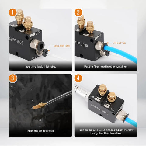 Coolant Mister For Milling Machines With Magnetic Base showing air and oil connection setup steps.