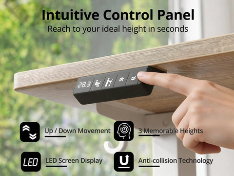 Hand adjusting control panel of L Shaped Standing Desk With Electric Height Adjustment For Corner Setup Reversible Left Or Right