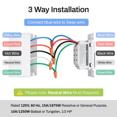 3-way installation diagram for 7 Day Programmable In Wall Timer Switch For Lights And Fans Digital Light Timer, shows wiring details.