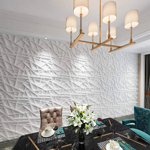 Dining room with Dope 3D Wall Panels for Interior Decor Matte White Striped Geometric PVC 12 Pack 19.7 by 19.7 Inches