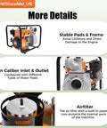 Straight Up Heavy Duty 196Cc Four Stroke Diesel Water Pump detailed view of stable frame, air filter, and 2in inlet outlet for yard irrigation.