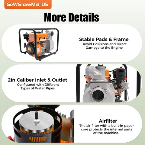 Straight Up Heavy Duty 196Cc Four Stroke Diesel Water Pump detailed view of stable frame, air filter, and 2in inlet outlet for yard irrigation.