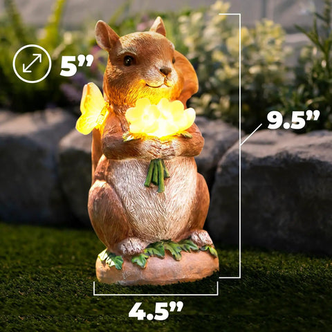 Charmed Solar Powered Led Outdoor Decor Porcelain Squirrel Figurine Light Up Garden Statue with lit glow, 9.5 inch tall