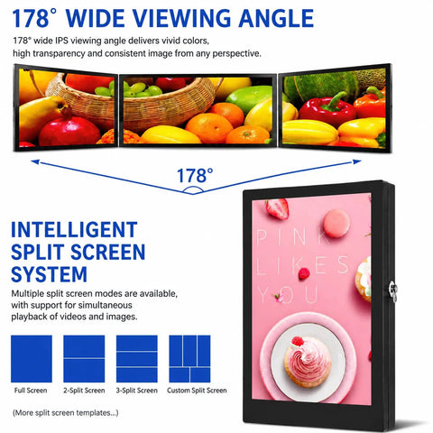 Slick Outdoor Commercial Wall Mount Digital Signage Player 21.5 Inch Led Display showcasing wide viewing angle and split screen system.