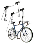 Ceiling Mount Bike Hoist Set Of 2 With Pulley System And Bike Hangers Easy Overhead Storage For Garage Or Workshop Holds Up To 55 Lbs Each Heavy Duty Rope Smooth Operation Space Saving black steel bike hoist set with pulley hooks holding a road bike overhead