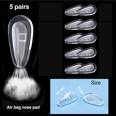 Gripping Silicone Air Bag Eyeglass Nose Pads Replacement Kit With 3 In 1 Mini Screwdriver Tweezer And Microfiber Cloth For Hassle Free Frames Fix And Slick Specs Comfort - 5 pairs of clear silicone nose pads.