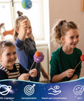 Children playing with Hands On Solar System Project Kit For Kids Ages 3 To 5 With Foam Planets and Balls, shows scientific symbols.