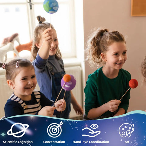 Children playing with Hands On Solar System Project Kit For Kids Ages 3 To 5 With Foam Planets and Balls, shows scientific symbols.