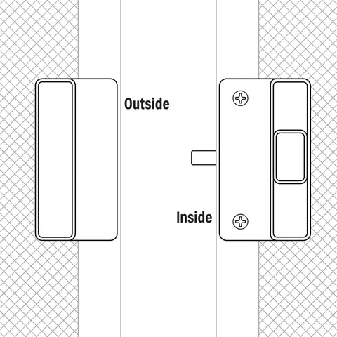 Diagram of Go-To 3 Inch Center Sliding Screen Door Latch And Pull Kit, shown from inside and outside with mortise install.