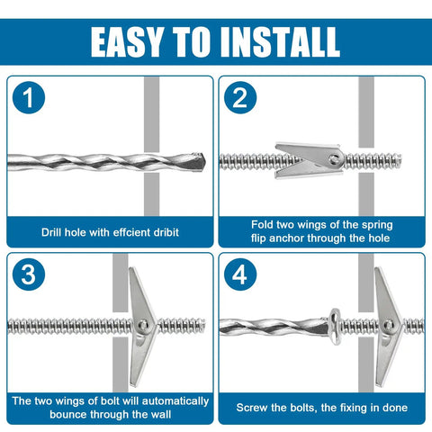 Installation guide for 34 Piece Butterfly Toggle Bolts Kit With 1/4 Inch Four Pack 3/16 Inch Eight Pack And 1/8 Inch Twenty Two Pack Zinc Plated Hollow Wall Anchors