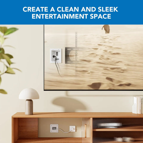 In Wall TV Cable Concealer Kit With Recessed Power Triple Outlet 9 Ft Cord And Hand Saw For Easy Safe Cable Management And A Clean Modern Look In Living Rooms Bedrooms And Home Theaters. wall outlet and TV cable concealer installed behind mounted TV